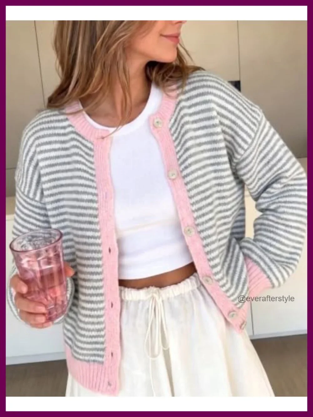 Women's Striped Knit Cardigan Long Sleeve Button Up Oversized Lightweight